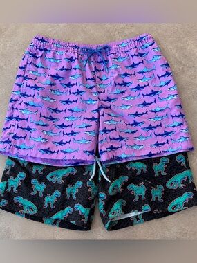 Men's Purple Shark Print Swim Trunks - Elastic Waist- Pair of 2
